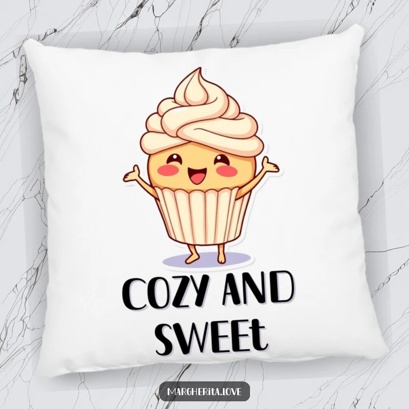 Funny cupcake pillow featuring a joyful character with frosting, doing a happy dance, perfect for adding a touch of whimsy.