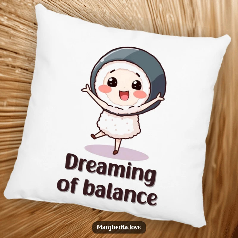 Smiling sushi roll character performing a graceful pirouette, designed for a comfortable and humorous pillow.