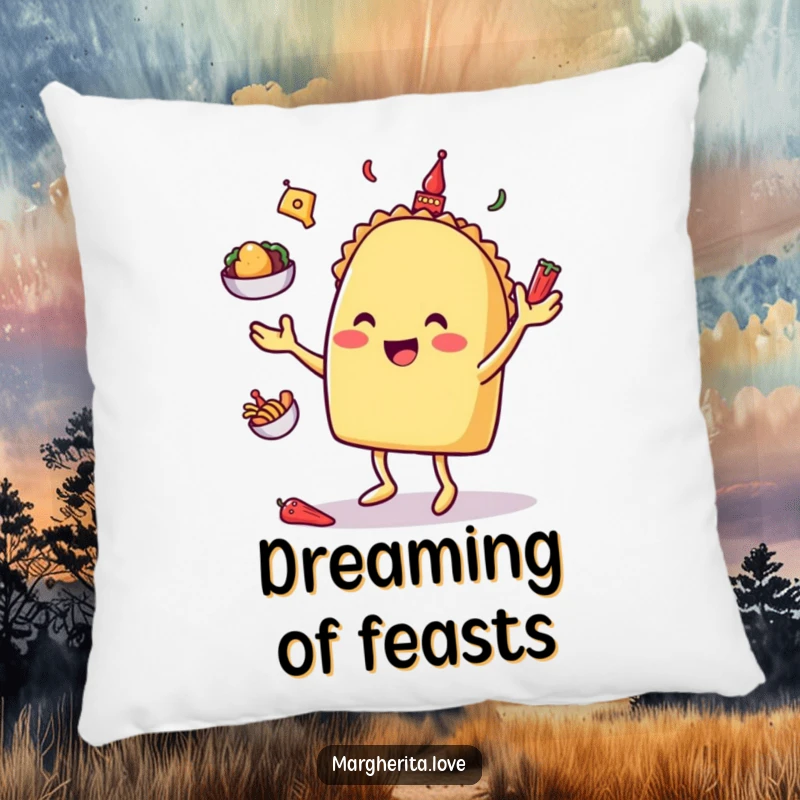 Happy taco character juggling toppings, designed for a comfortable and humorous pillow for lounging and taco enthusiasts.