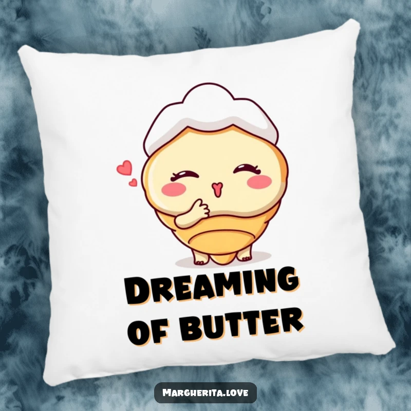 Funny pillow with a winking croissant person blowing a kiss, providing comfort and a delightful visual gag for relaxation.
