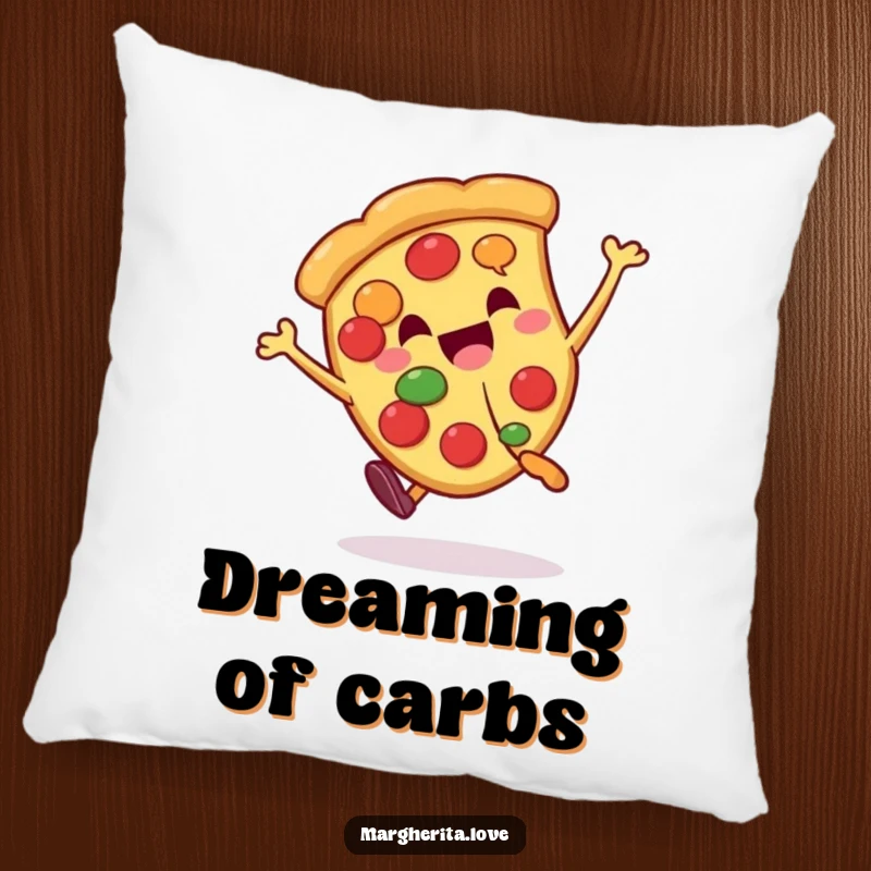 Funny pizza slice character doing a cartwheel, designed for a comfortable and humorous pillow for lounging.