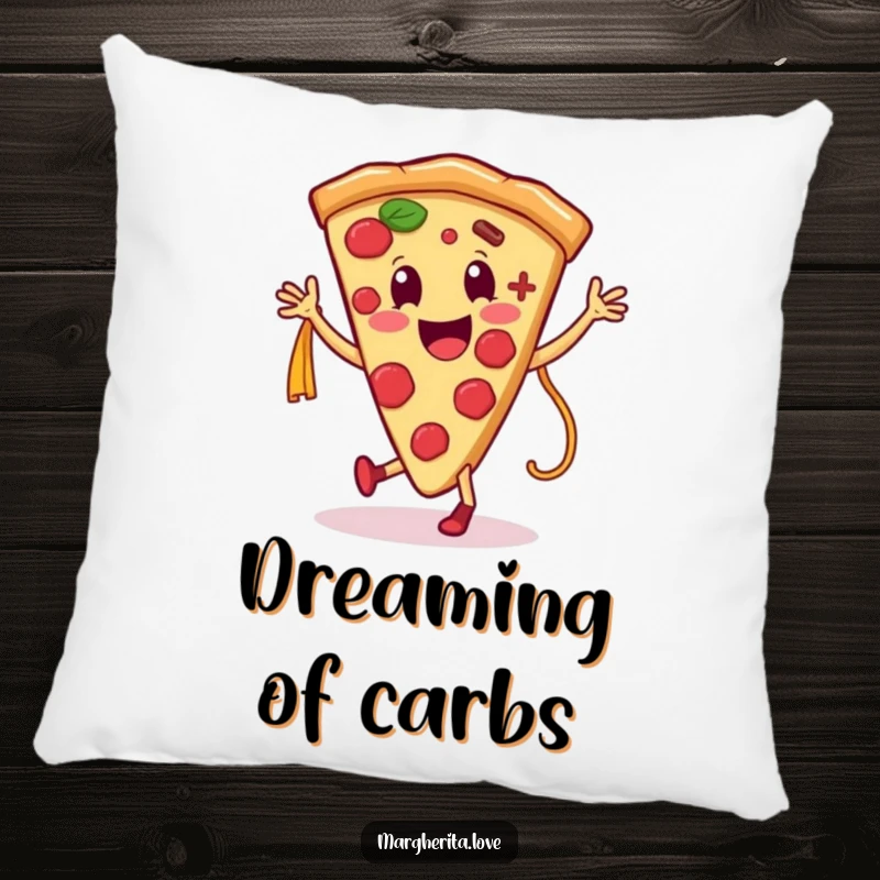 Funny pillow depicting a smiling pizza slice character dancing playfully with a pasta noodle, offering comfort and food-themed fun.