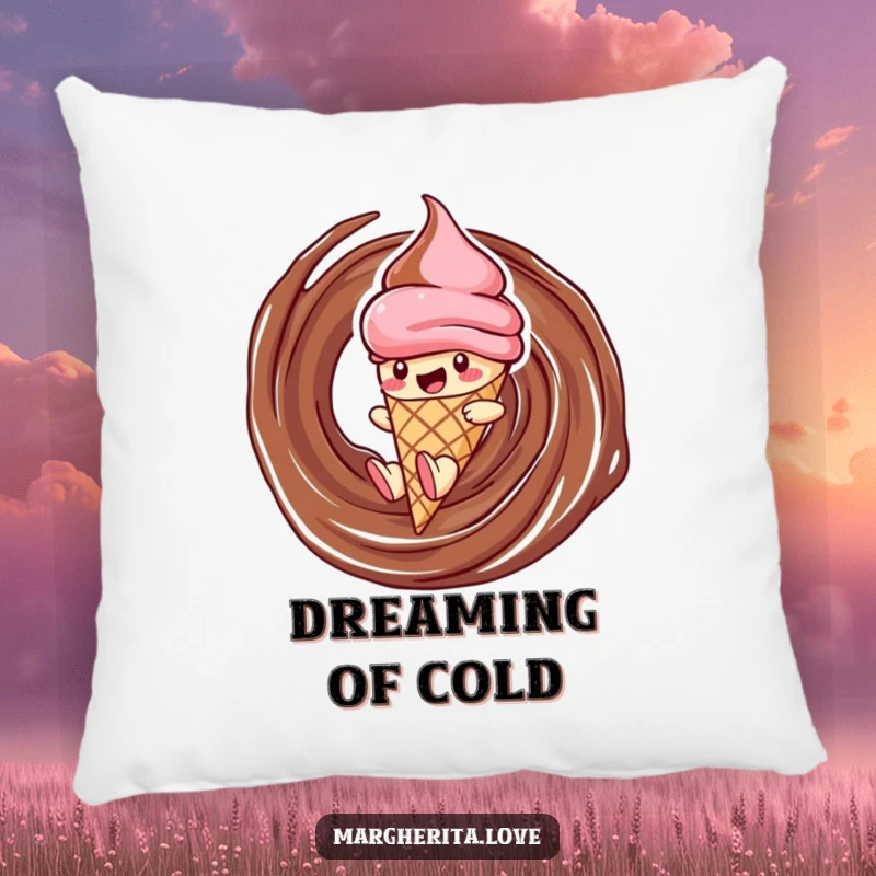 Funny ice cream pillow featuring a delighted cone character sliding down a chocolate swirl, perfect for adding a humorous touch.