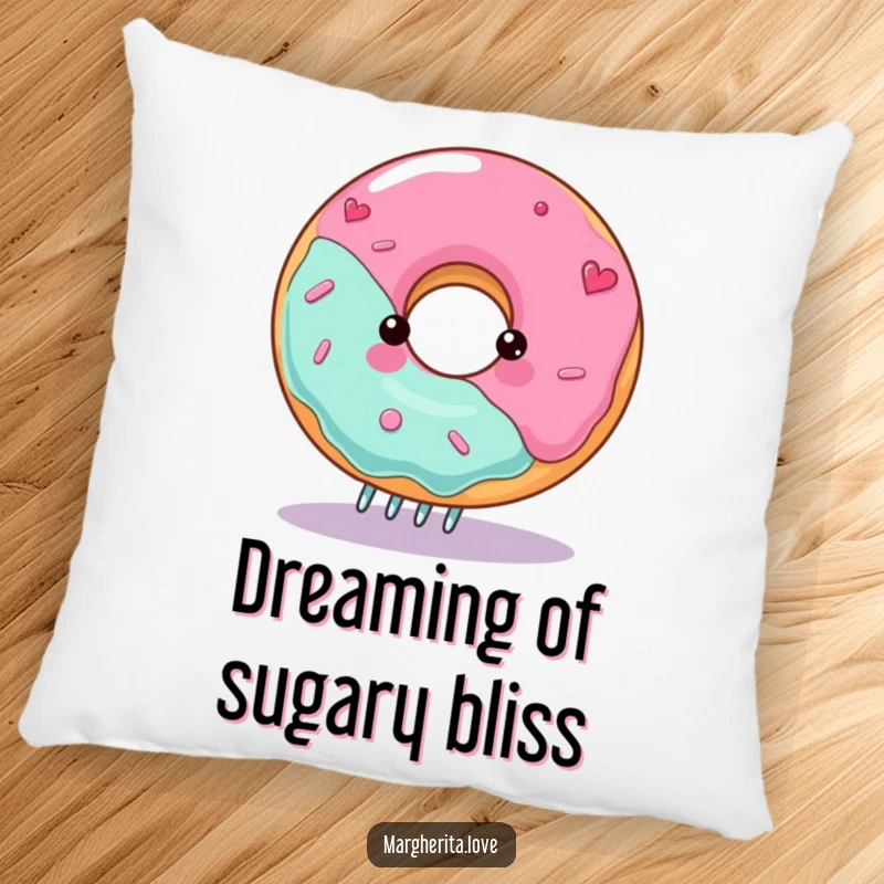 Funny spinning donut pillow featuring a gleeful character on a fork, perfect for adding comfort and whimsy.