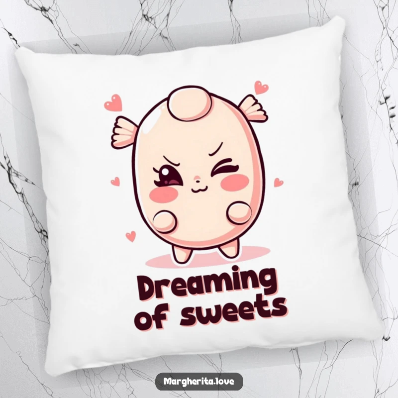 Funny candy pillow with a mischievous winking candy illustration, perfect for cuddles and adding playful decor.