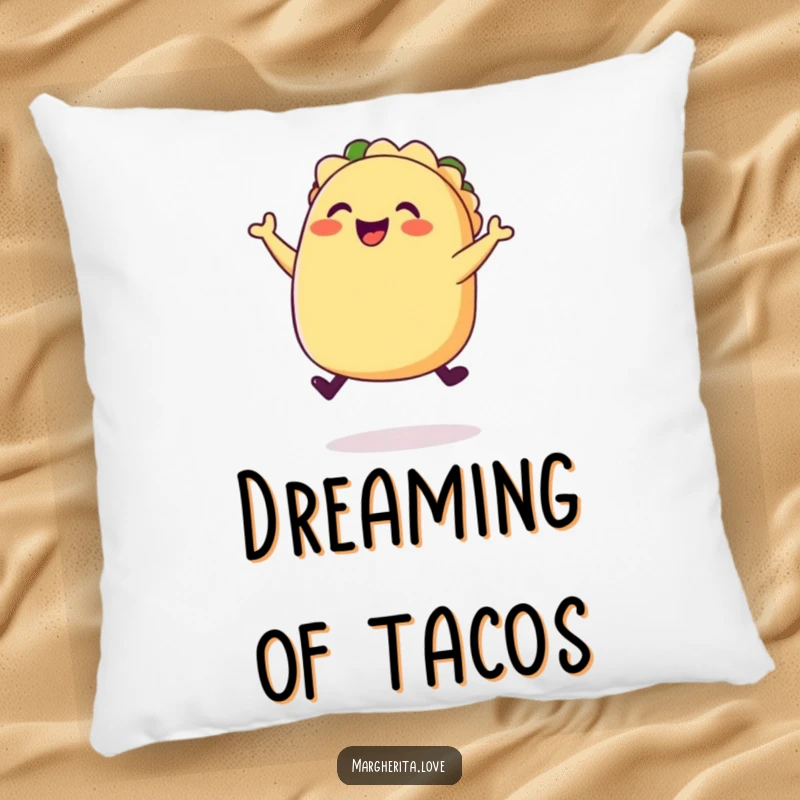 Funny happy taco jump pillow, featuring a plump, joyful taco mid-jump, perfect for cozy, fiesta comfort.