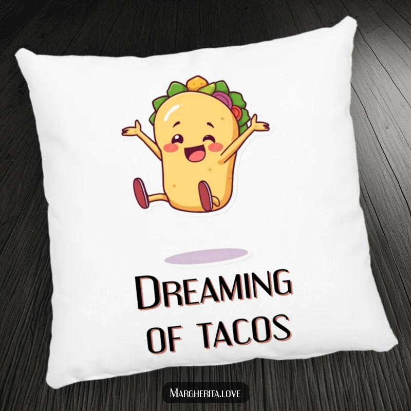 Funny taco person in an excited cartwheel pose, designed on a soft, decorative pillow.