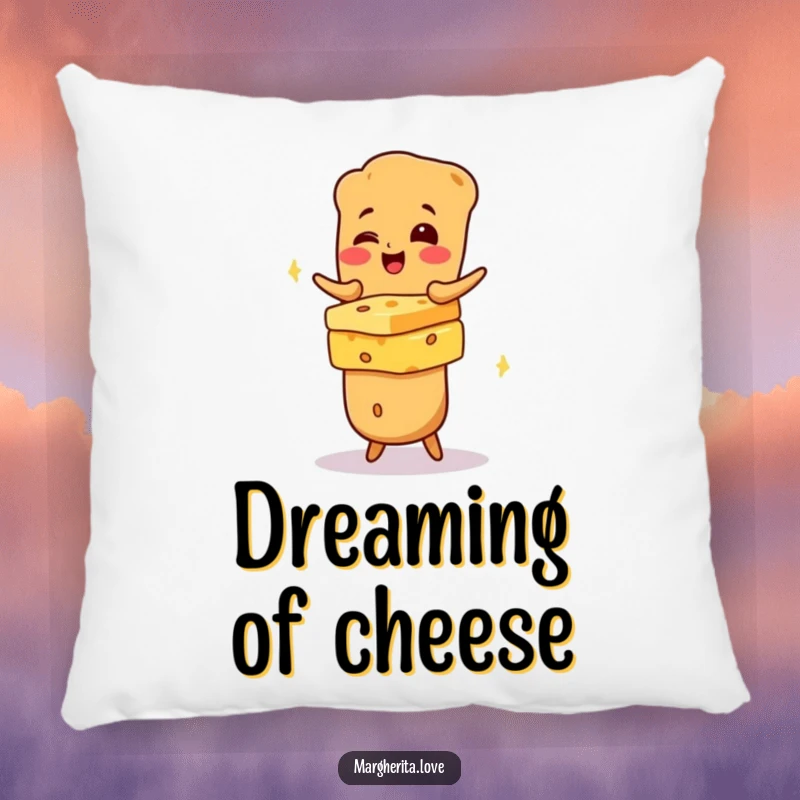 Funny giggling baguette character perched atop a stack of cheese, featured on a soft pillow for humorous relaxation.