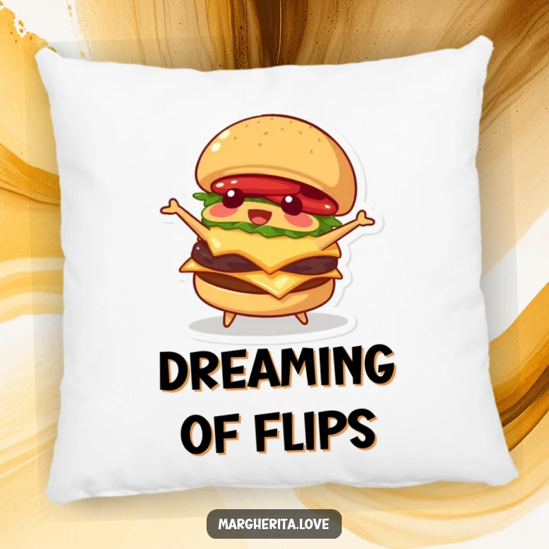 Funny pillow with a playful burger character happily flipping itself, providing cozy comfort and a humorous aesthetic.