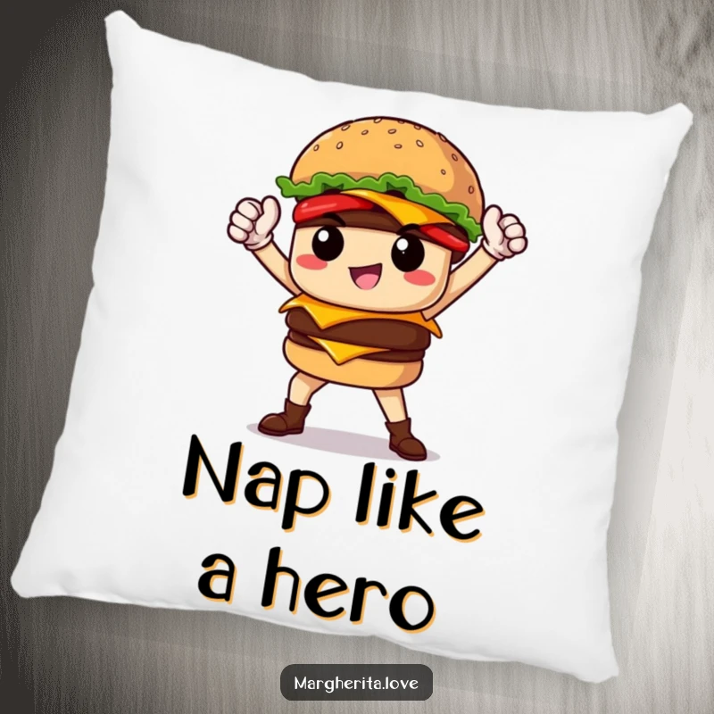 Funny proud burger hero striking a pose, featured on a soft pillow for humorous relaxation and heroic decor.