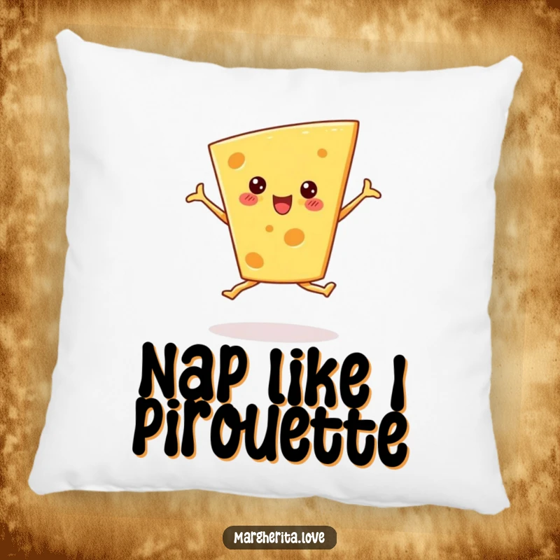 Funny cheese wedge pillow in a ballet pirouette pose, perfect for adding comfort and humor to living spaces.