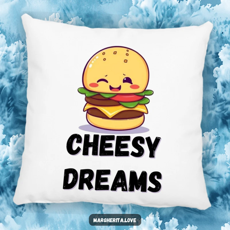 Funny cheeseburger wink pillow featuring a giggling cheeseburger giving a playful wink, offering comfort and a cheeky, humorous accent.