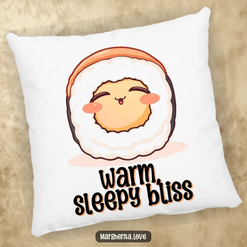 Funny contented sushi roll pillow, featuring a peaceful sushi roll enjoying warmth, perfect for cozy, serene comfort.
