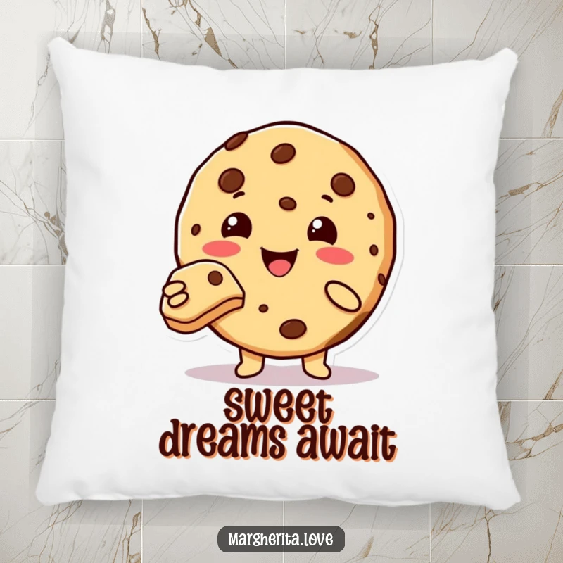 Funny cute cookie character offering a bite, soft decorative pillow.