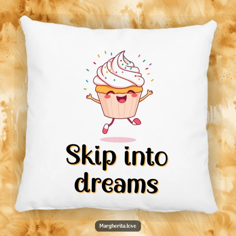 Funny cupcake pillow with a cheerful cupcake character skipping happily, sprinkles flying, offering plush comfort and smiles.