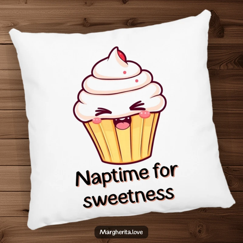 Funny pillow featuring a soft, enthusiastic cupcake character delivering a charming and mischievous wink, perfect for cozy comfort.