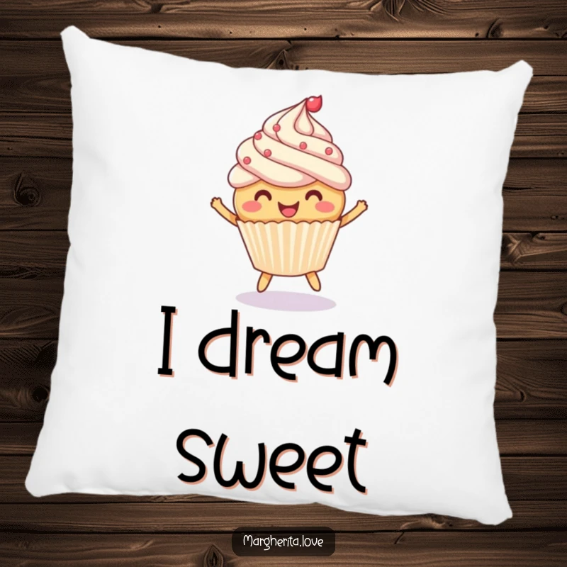 Funny pillow featuring a cheerful cupcake with frosting, playfully bouncing a ball, bringing sweet comfort and joy.