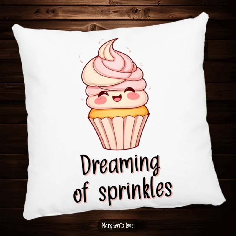 Funny pillow featuring a playful cupcake with frosting hair, spinning with excitement, adding a sweet and humorous accent.