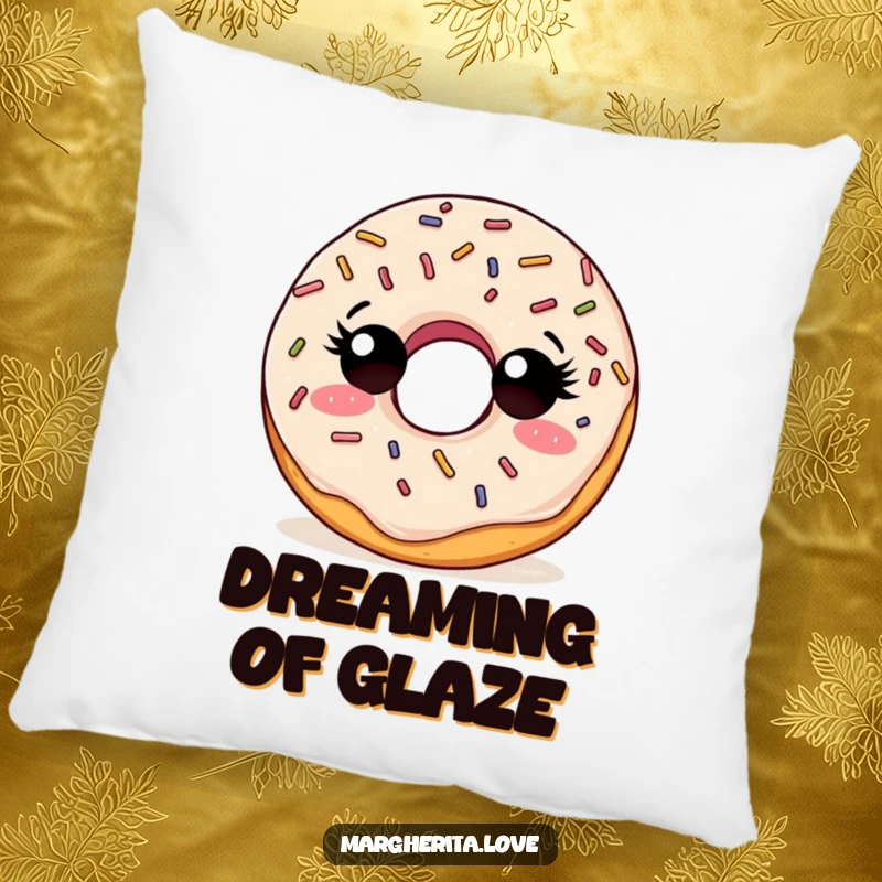 Funny pillow with a curious doughnut character and sprinkles, looking around with an adventurous vibe.