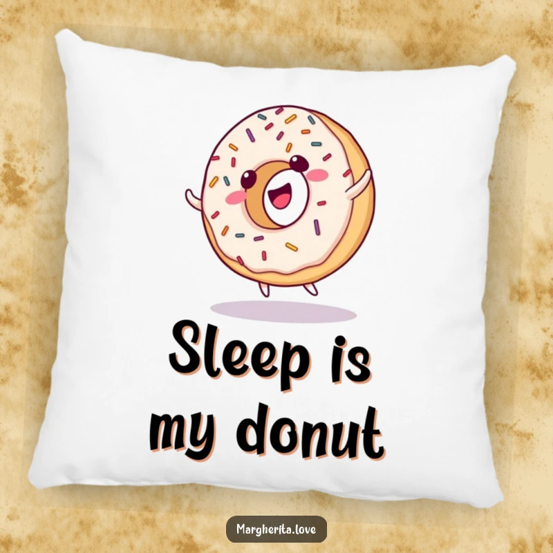 Funny pillow featuring a giggling donut with sprinkles, doing a cartwheel, adding a sweet and humorous accent to relaxation.
