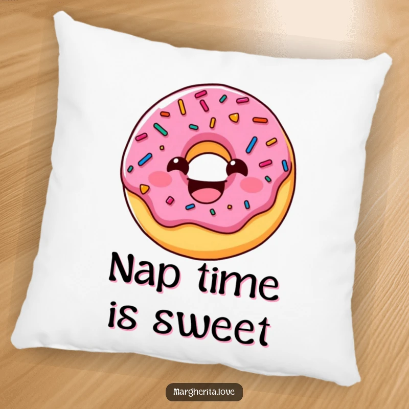 Funny donut pillow featuring a cute and charming sprinkled character with a wide, happy grin, perfect for adding humor to furniture.