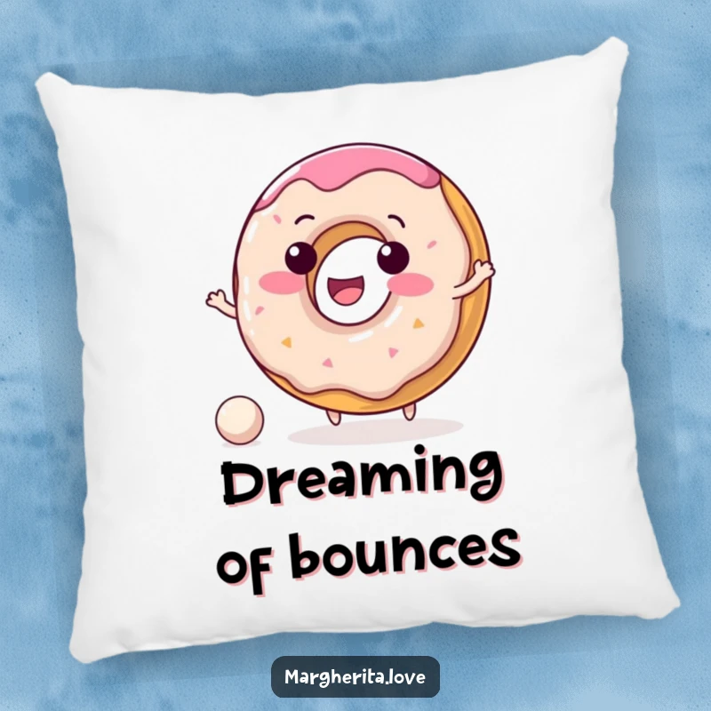 Funny donut pillow with a delighted donut character joyfully bouncing a tiny ball, offering plush comfort and smiles.
