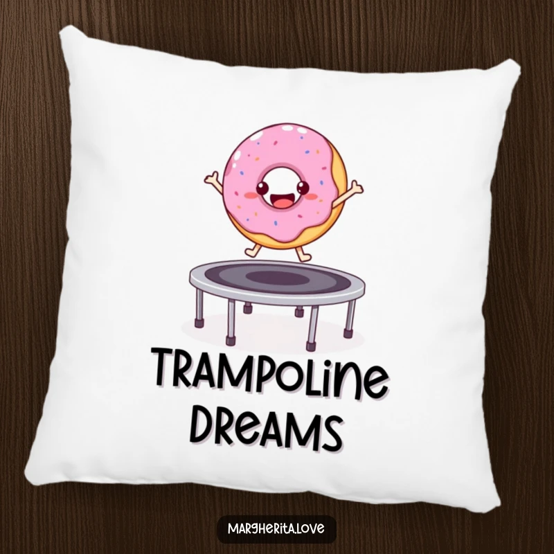 Funny bouncy donut character jumping on a trampoline, soft decorative pillow.