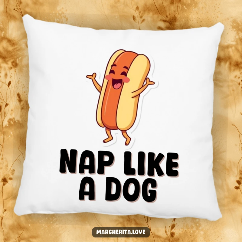 Funny pillow with a goofy hot dog character doing a silly jig, offering comfort and a humorous visual gag for relaxation.
