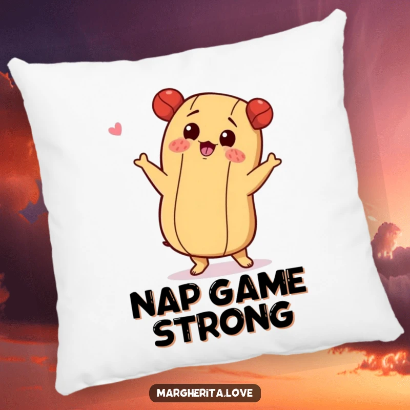 Funny pillow with a hot dog character doing a playful shimmy, offering comfy and humorous support.