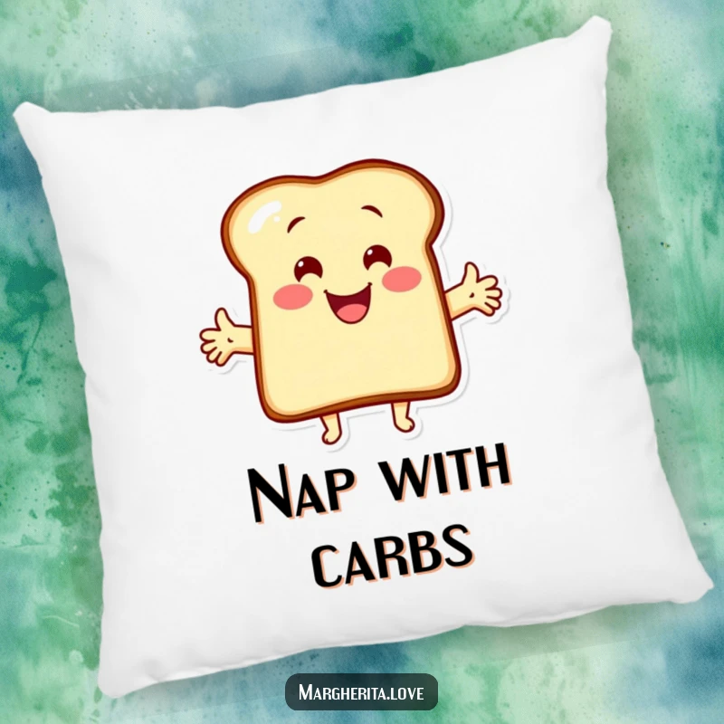 Funny pillow with a plush design of a smiling cartoon toast character offering an open-armed hug. Soft and cheerful decor.