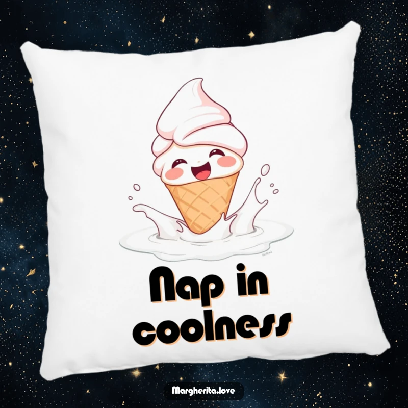 Funny pillow featuring a plush giggling ice cream cone person splashing in milk, offering cozy comfort with a sweet and humorous theme.