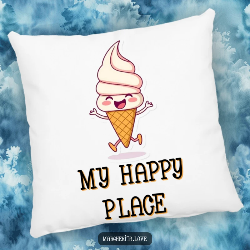Funny ice cream pillow with a beaming ice cream cone illustration joyfully skipping, perfect for cuddles and happy decor.