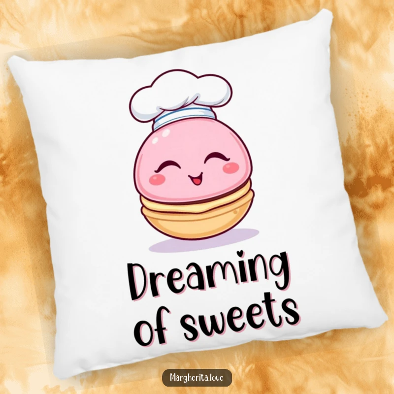 Funny pillow featuring a playful macaron character winking while wearing a tiny chef hat, adding whimsical comfort.