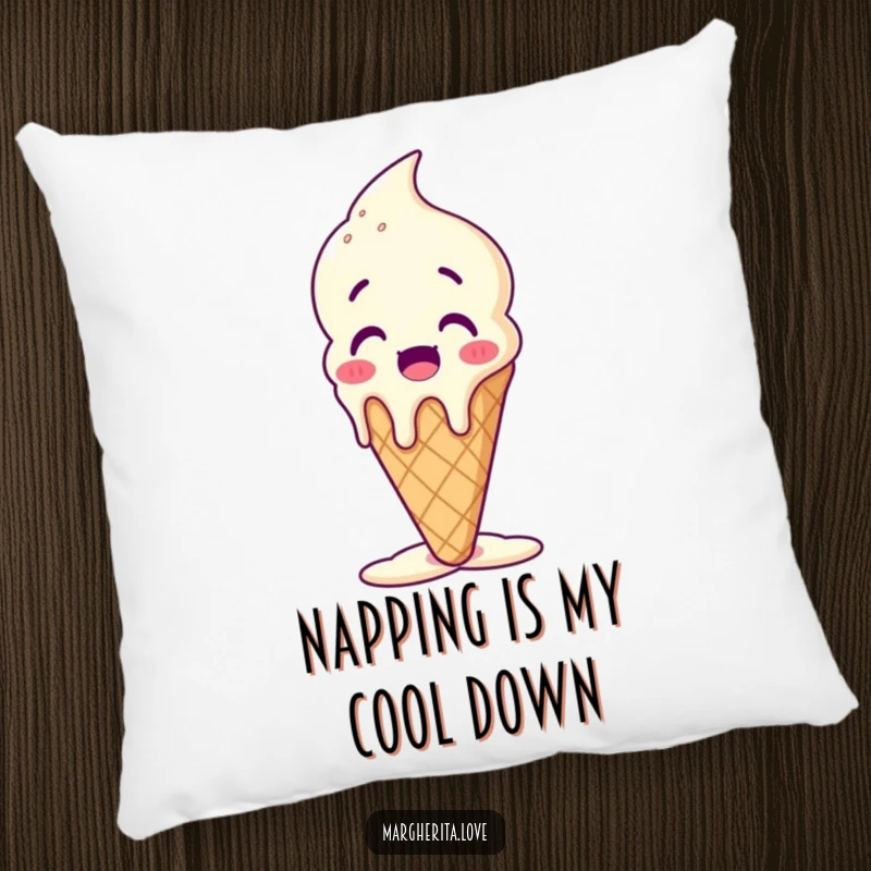 Funny melting ice cream cone pillow featuring a surprised character melting happily, perfect for adding comfort and whimsy.
