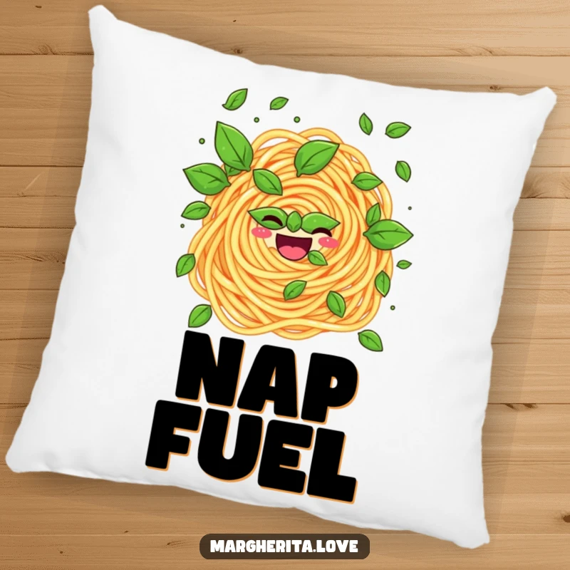Funny pillow showcasing a delightful pasta swirl juggling basil leaves, perfect for adding humor to any seating.