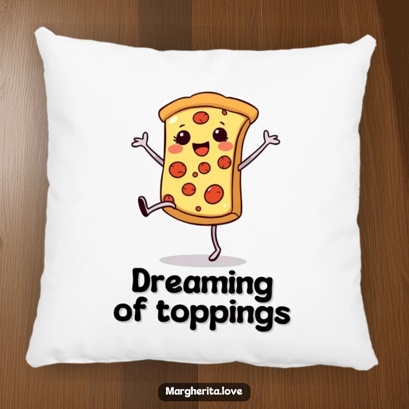 Funny pizza cartwheel pillow, showing a happy pizza slice doing a cartwheel, adding comfort and fun.