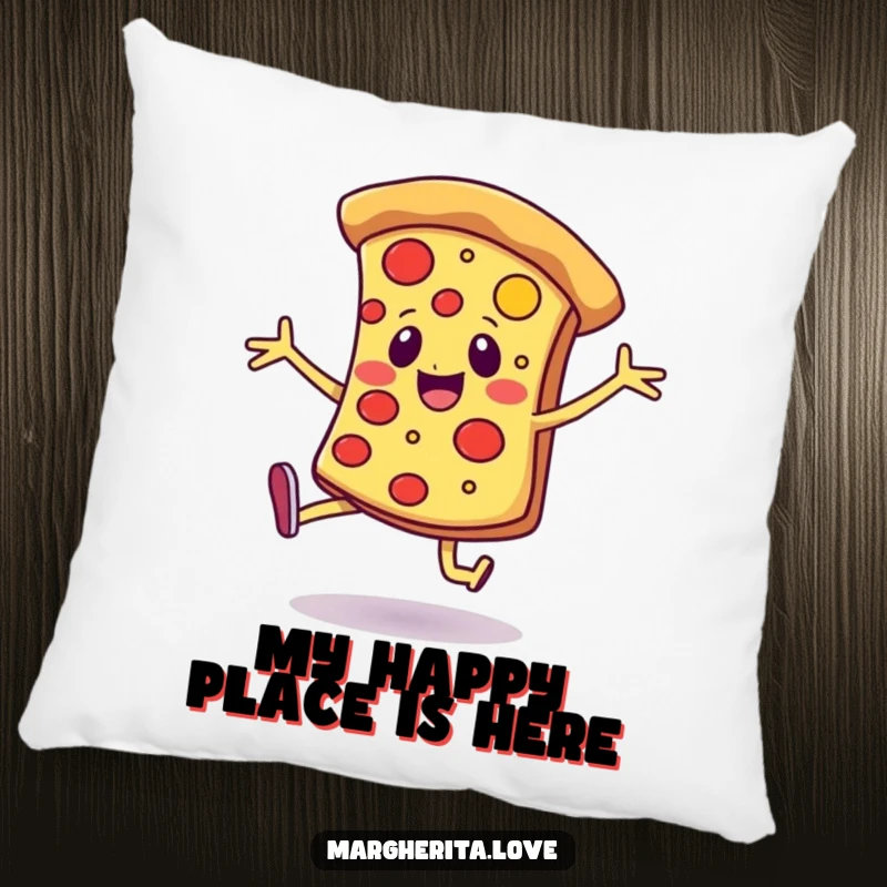 Funny pillow featuring a cheerful pizza slice with legs, dancing joyfully, adding a humorous and happy accent to relaxation.