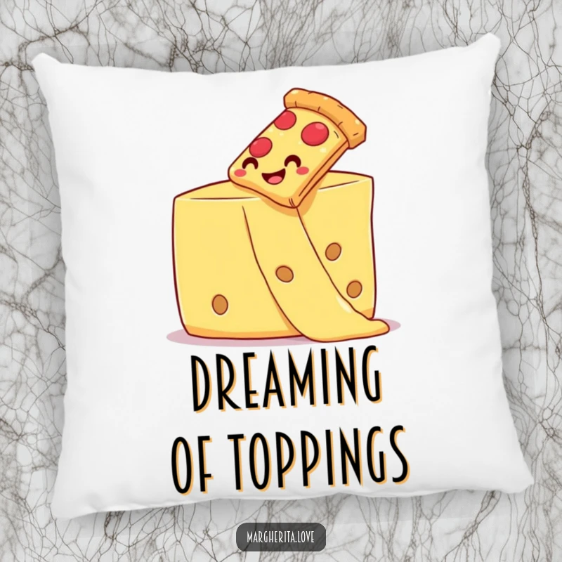 Funny pizza slice sliding down a cheesy strand, designed on a soft, decorative pillow.