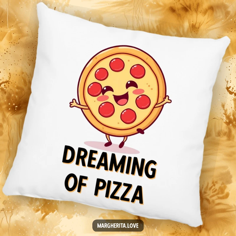 Funny pizza slice cartwheel pillow, featuring a happy, cartwheeling pizza slice, perfect for cozy, cheesy comfort.