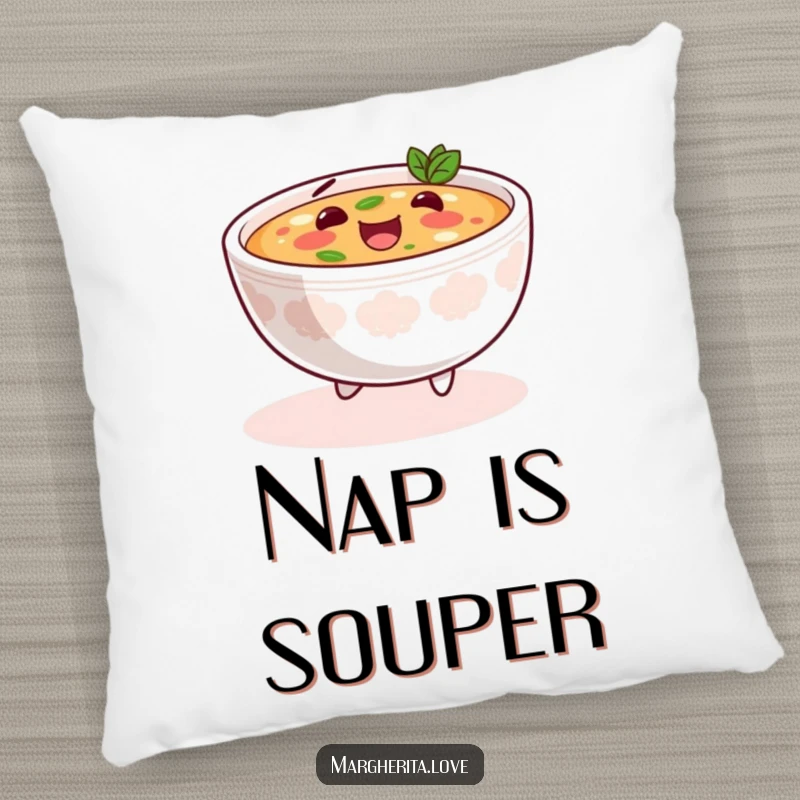 Funny soup skip pillow featuring a content bowl of soup happily skipping, offering comfort and a warm, humorous accent.