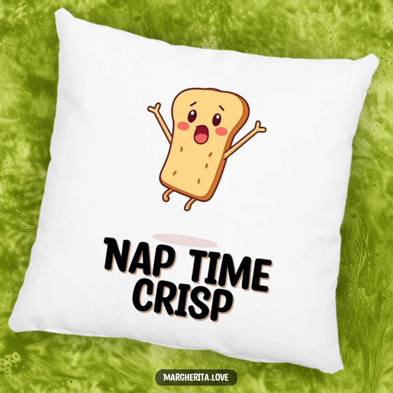 Funny pillow featuring a surprised breadstick character mid-air, perfect for adding a touch of playful humor.