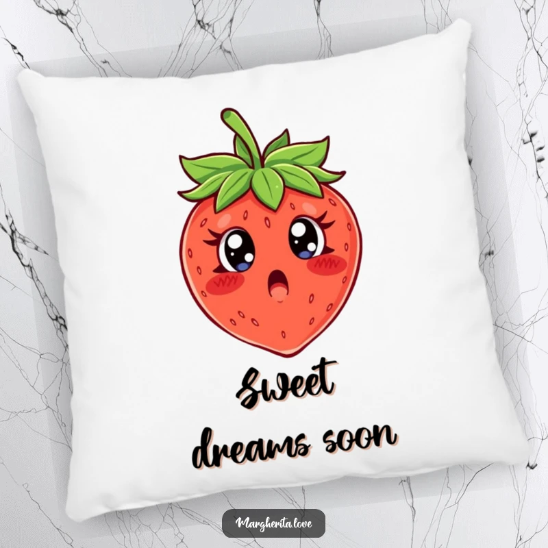 Funny pillow with a wide-eyed, shocked strawberry character offering comical comfort and a good laugh.