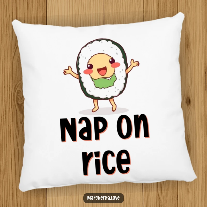 Funny pillow featuring a happy sushi roll performing a cute dance, perfect for adding a touch of humor.