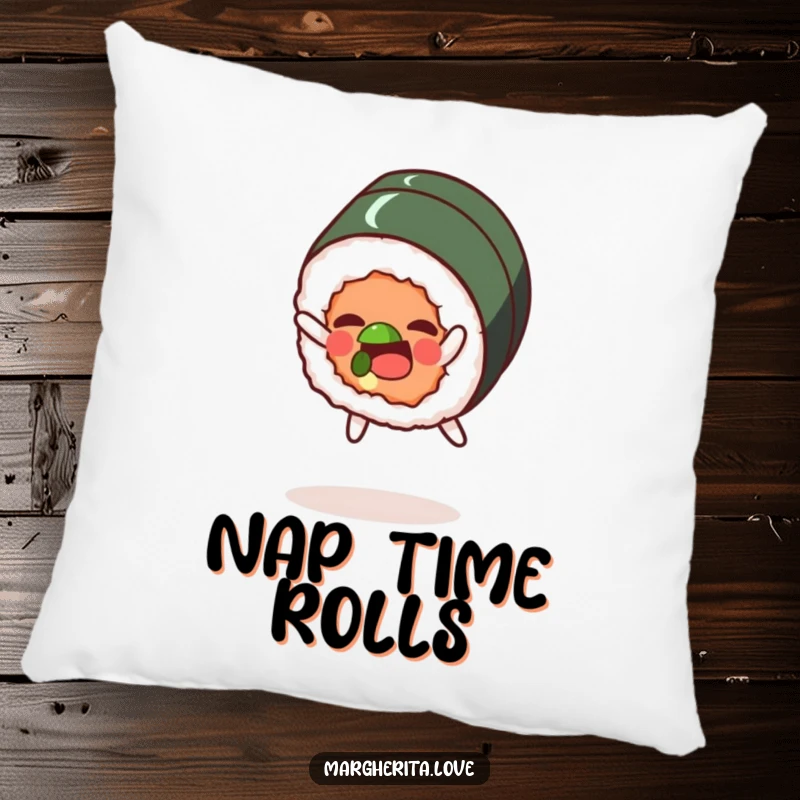 Funny pillow featuring a delighted sushi roll character in a playful somersault, adding whimsical charm to any seating.