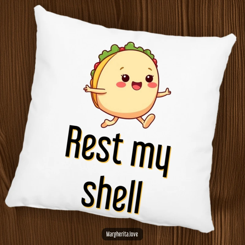 Funny taco jump pillow featuring a cheerful taco with legs leaping, offering comfort and a humorous, vibrant accent to any room.