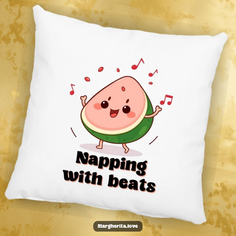 Funny pillow: A slice of watermelon grooves to music, seeds playfully popping, a comfortable and humorous decorative item.