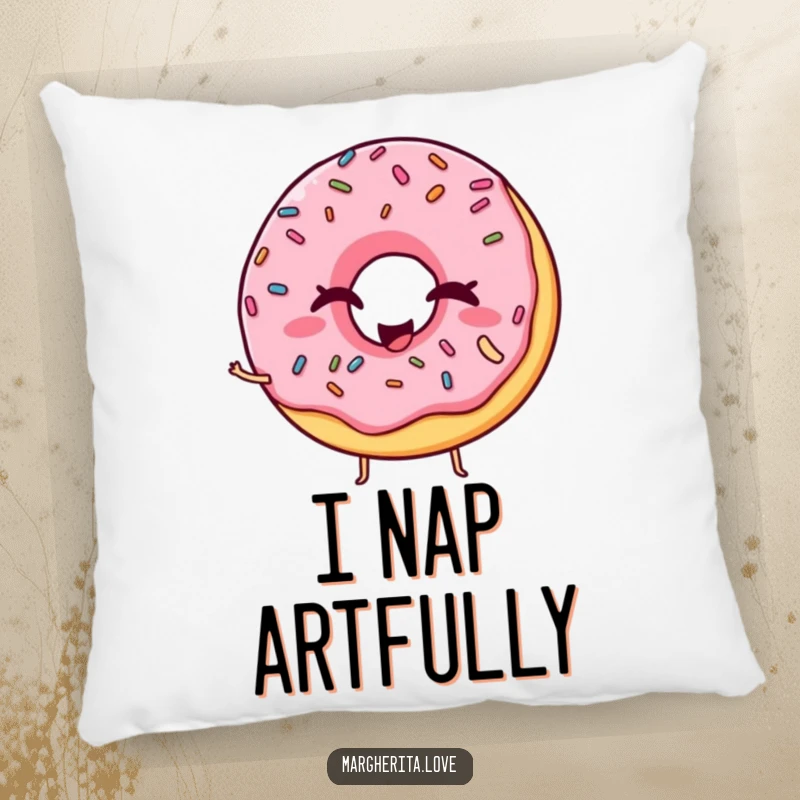 Funny pillow featuring a winking donut with sprinkles in a silly pose, offering cozy comfort and sweet humor.