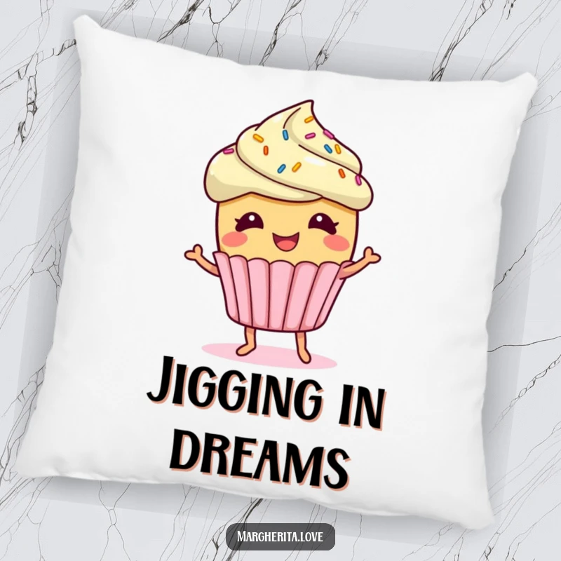 Funny giggling cupcake character with sprinkles doing a little jig, featured on a soft pillow, adding sweet comfort.