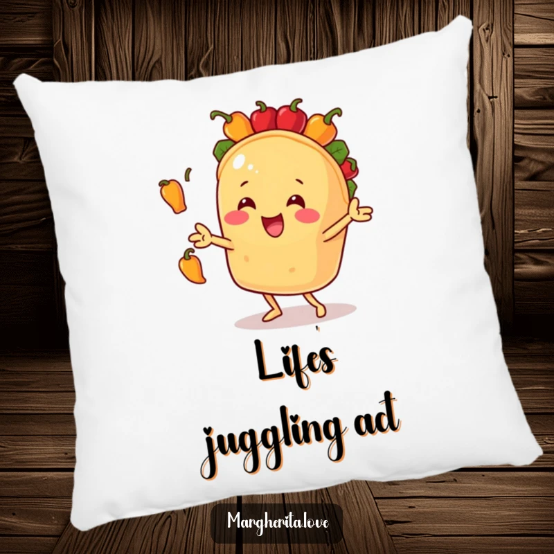Funny pillow featuring a smiling taco character skillfully juggling tiny bell peppers, adding a whimsical touch to any room.