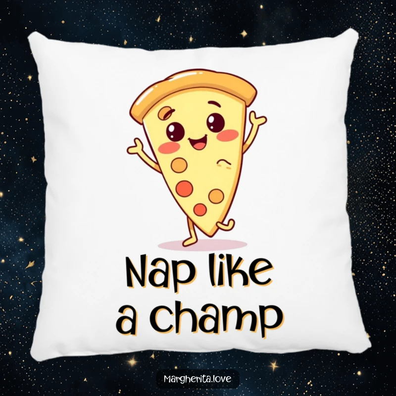 Funny pizza slice pillow with a smiling, anthropomorphic pizza character dancing happily, providing comfort and a humorous decorative accent.